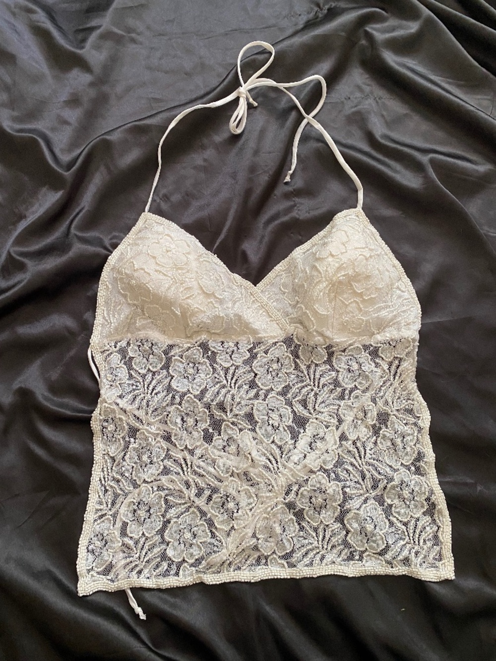 Vintage y2k White Lace Beaded Halter Tie Back Top Fairy Party Medium